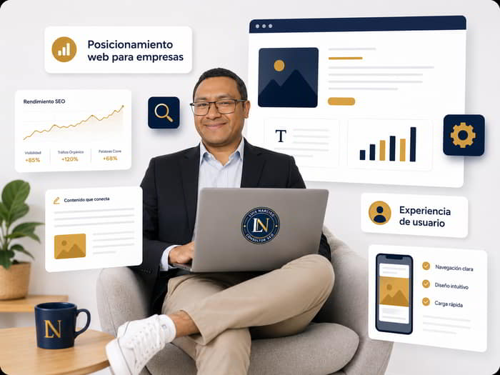 Consultor SEO B2B revisando informes de leads y oportunidades comerciales